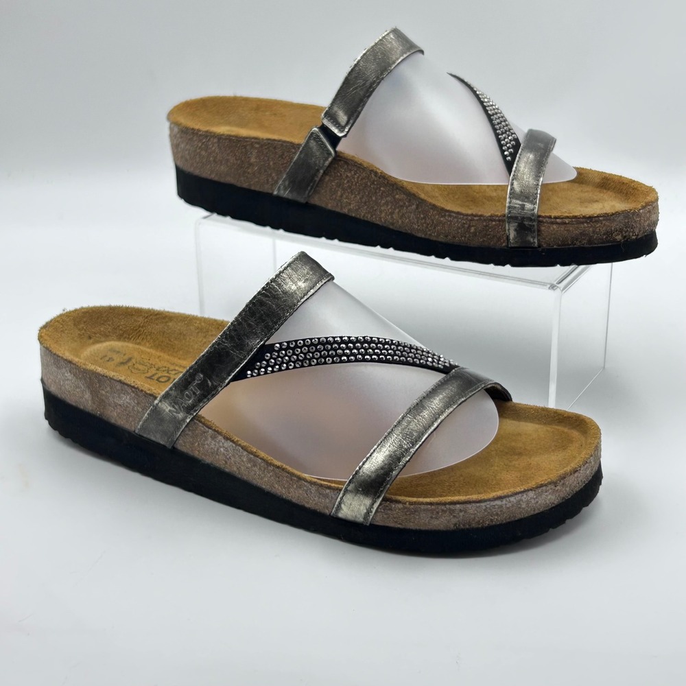 Naot Slide Sandals Womens 41 Pewter Metallic Rhinestone Cork Comfort Boho Glam